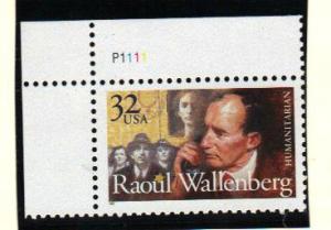 #3135 MNH plate # single 32c Raoul Wallenberg 1997 Issue