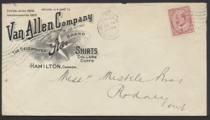 1907 Van Allen Shirts Advertising Cover Hamilton ONT Damaged by Machine Cancel