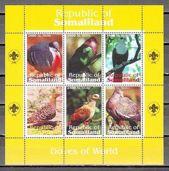 Somaliland, 1998 issue. Doves of the World sheet. Scout logo in selvage.