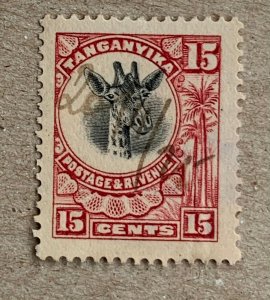 Tanganyika 1922 15c Giraffe, used. Scott 14, CV $0.25