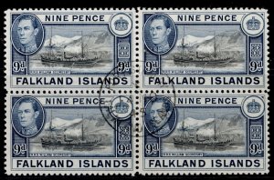 FALKLAND ISLANDS GVI SG157, 9d BLOCK X4, VERY FINE USED. Cat £28.