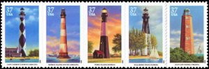 2003 37c Southeastern Lighthouses, Pane Strip of 5 Scott 3787-91 Mint F/VF NH