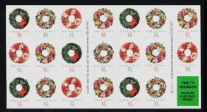 US BOOKLET PANE, SCOTT #3252c, CHRISTMAS WREATHS, NEVER FOLDED, MNH, SCV: $30.00