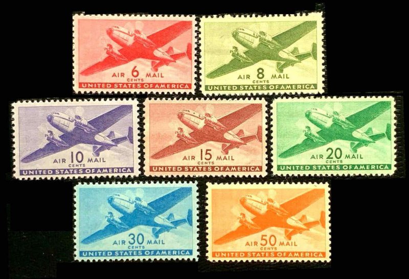 US Airmail SC# C25 - C31 Twin Motored Transport Set 1941-1944 MNH CV $18.90