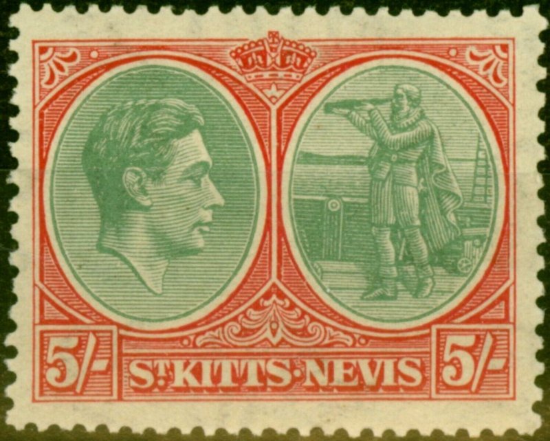 St Kitts & Nevis 1938 5s Grey-Green & Scarlet SG77 Good Lightly Mtd Mint (2)