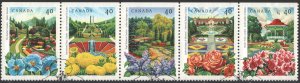 Canada SC#1311-1315 40¢ Public Gardens: Strip of Five (1991) Used