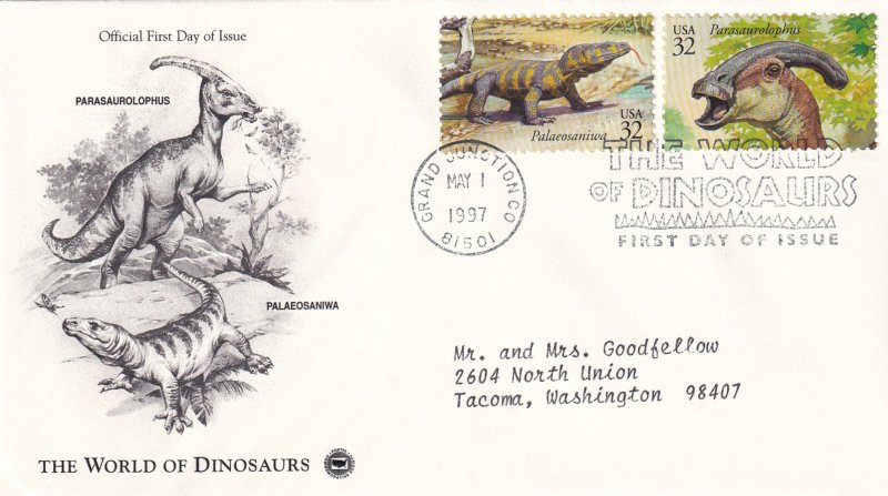 1997, World of Dinosaurs-Parasaurolophus, Palaeosaniwa, PCS, FDC (E14693)
