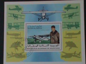 ​MAURITANIA-1977-HISTORY OF AIRVIATION-CHARLES LINDBERGH -CTO FANCY CANCEL S/S