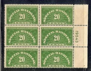US QE3 MNH 1928 20c yel grn Special Handling P# Block