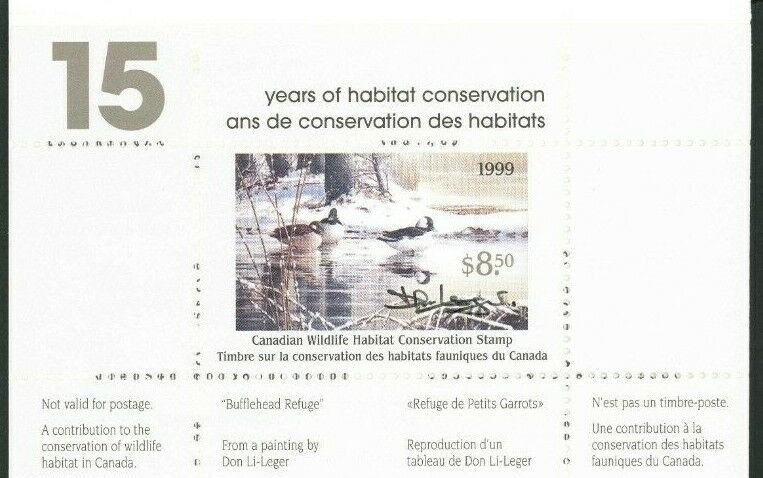 CANADA 1999 DUCK STAMP ARTIST SIGNED IN FOLDER AS ISSUED BUFFLEHEAD DON LI'LEGER