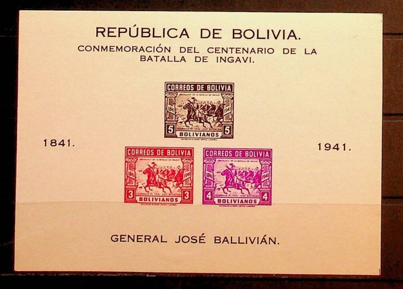 BOLIVIA Sc 289 LH IMPERF SOUVENIR SHEET OF 1943 - BATTLE OF INGAVI