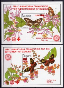 Guyana 1991 Lions/Rotary/Butterflies RED OVPT. 2 S/S IMPERFORATED VERY RARE !!!