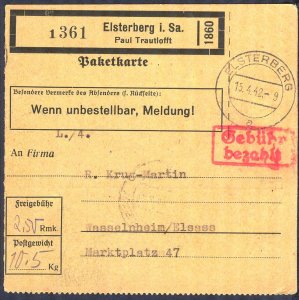Germany 1942 Military Package Card 1 361 Elsterberg I . Sa ,  2 scans.
