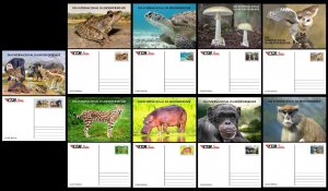 GUINEA BISSAU 2023 SET OF 9 STATIONERY CARDS - MONKEYS MUSHROOMS FROGS TURTLE OWLS-