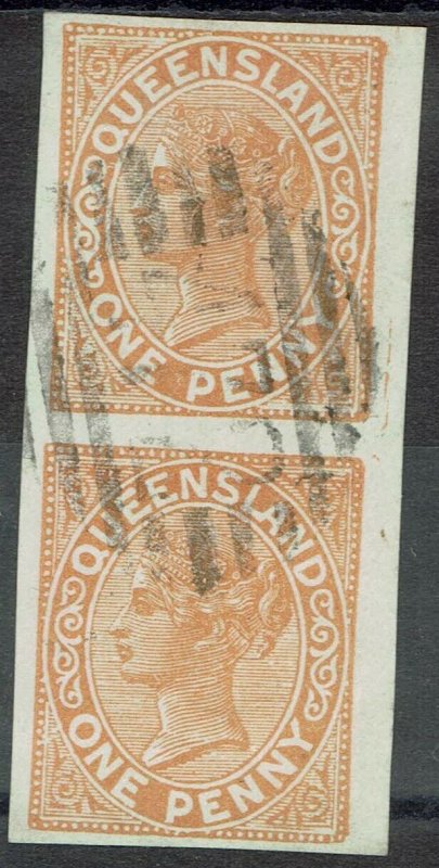 QUEENSLAND 1890 QV 1D IMPERF PAIR WMK CROWN/Q USED 