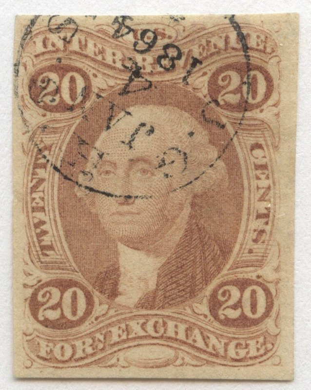 1014 U.S. Revenue Scott R41a, 20-cent Foreign Exchange imperf, handstamp cancel