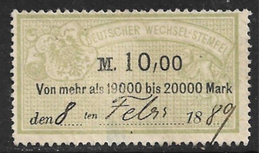 GERMANY 1886 10,00m Bill of Exchange Revenue Erler No. AJ111A VFU