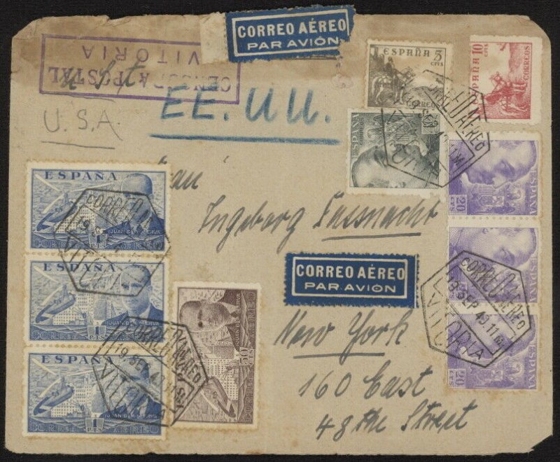 Spain 664, etc. on 1940 WWII censored airmail cover w/Correo Aereo Vitoria pmks