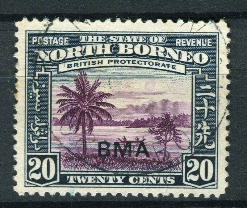 NORTH BORNEO; 1945 early Pictorial BMA issue fine used 20c. value, Postmark