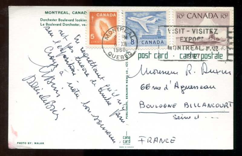 d163 - Canada 1966 Three Values on Postcard to France. Montreal Slogan