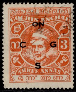 INDIAN STATES - Cochin GVI SG O56d, 3a vermilion, FINE USED. Cat £11.