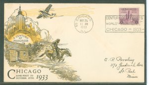 US 729 1933 3c chicago, century of progress perf single on an addressed fdc with a linprint cachet