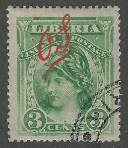 Liberia, stamp, Scott#043, Used, Hinged, 3cents3, Green, Official stamp,