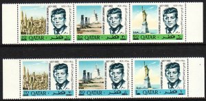 1966 Qatar JFK U.N perf strips of 3 revalued Sc# 119 119A CV: $80.00