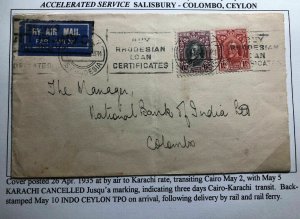 1935 Salisbury Rhodesia Accelerate Service Airmail Cover To Colombo Ceylon