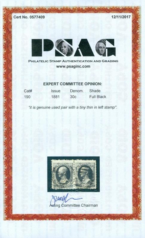 EDW1949SELL : USA 1881 Scott #190 Extra Fine, Used pair. PSAG Cert. Catalog $210