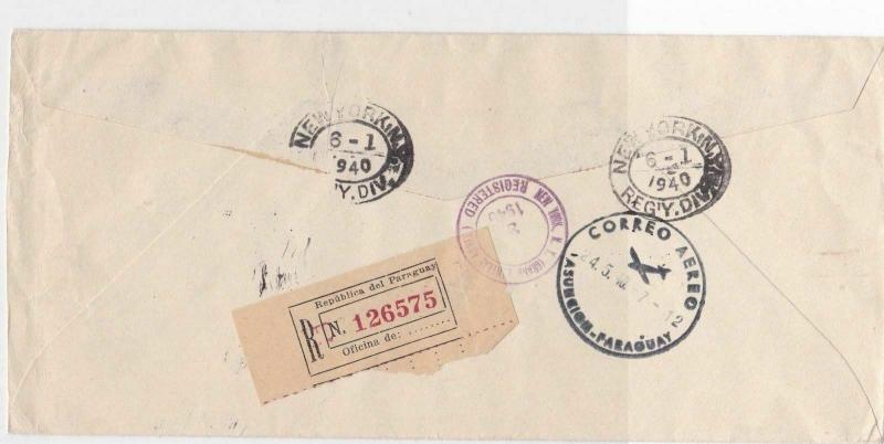 PARAGUAY TO NEW YORK  1940 REGISTERED  AIR  MULTI STAMPS COVER  REF 6175