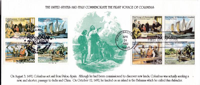 U.S.+ Italy Joint Issue 1992  Legal Size FDC Color Cachet Voyage of Columbus VF