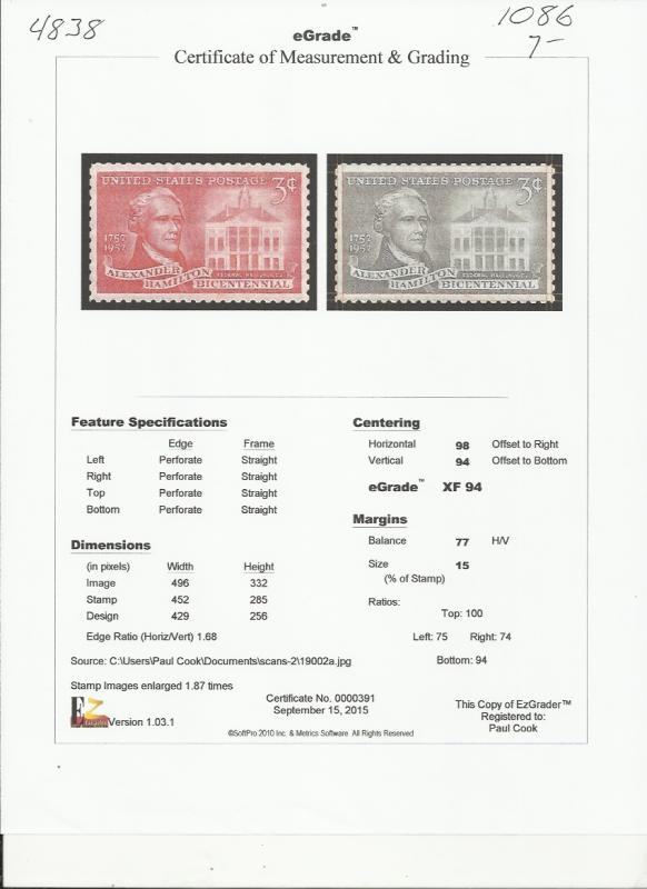 # 1086 MINT NEVER HINGED ALEXANDER HAMILTON     XF+