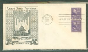 US 851 1939 3c Thomas Jefferson (presidential/prexy series) vertical coil pair on an unaddressed first day cover with an histori