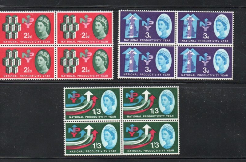 Great Britain Sc 395-7 1963 Productivity Year. stamp set blocks of 4 mint NH