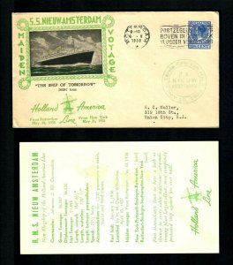 #139 Cover & Card May 10 1938 Cachet S.S. Nieuw Amsterdam to U.S. N.J.