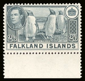Falkland Islands 1944 KGVI 2s6d yellowish slate MNH. CW 15b. SG 160 var.