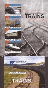 St Vincent - 2014 Famous Trains Orient Express TGV 4 Stamp Sheet + S/S #3910-11