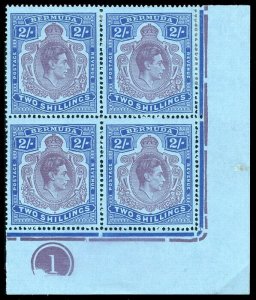 Bermuda 1943 KGVI 2s PLATE 1 block BROKEN LOWER RIGHT SCROLL mint. SG116d,116de.