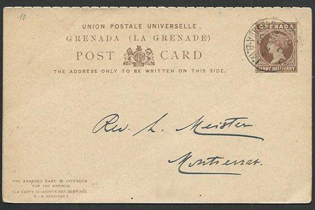 GRENADA QV 1½d + 1½d reply postcard used to Montserrat.....................61046