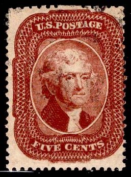 US Stamp Scott #28 Red Brown USED SCV $1100. Blazing Color.