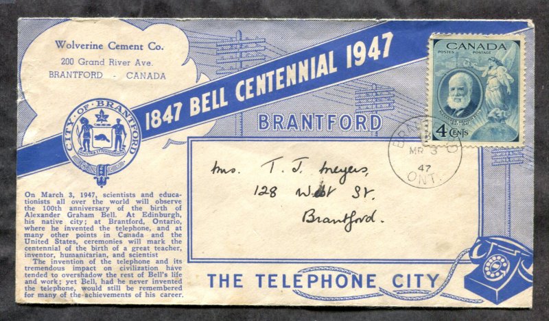 d149 - Canada 1947 FDC Cover Bell Centennial. Brantford