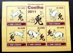 *FREE SHIP Sao Tome Year Of The Rabbit 2010 2011 Chinese Lunar Zodiac (ms MNH