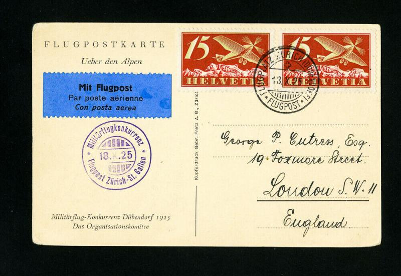 Switzerland Stamped 1925 Flight Card 