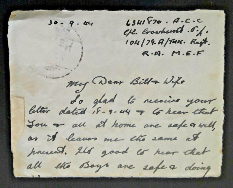 1944 Ansariya Lebanon To Maidstone England Military Censor Airmail Cover