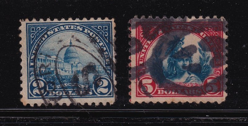 1923 Head of Freedom Sc 572 and 573, $2 and $5, sound used singles, CV $24 (H