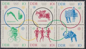 GERMANY DDR Sc #714a BLOCK of 6 DIFF SPORTS for 18th OLYMPIC GAMES, TOKYO