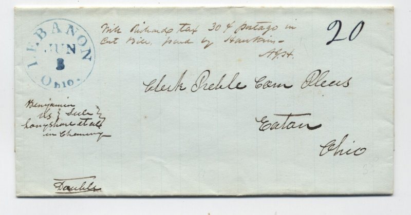 c1840 Lebanon OH blue CDS stampless cover [k.590]