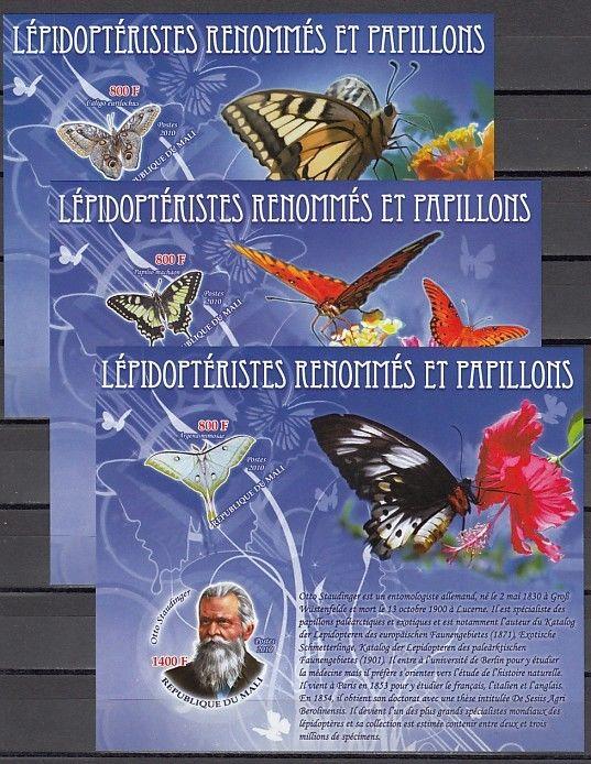 Mali, 2010 issue. Butterflies on 3 IMPERF s/sheets. ^