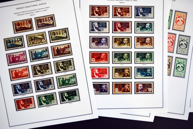 COLOR PRINTED FRENCH EQT. AFRICA 1936-1958 STAMP ALBUM PAGES (30 illustr. pages)